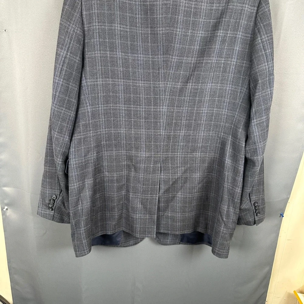 John W. Nordstrom Mens 44L Blazer Sport Coat Grey Blue Plaid Silk Wool Blend